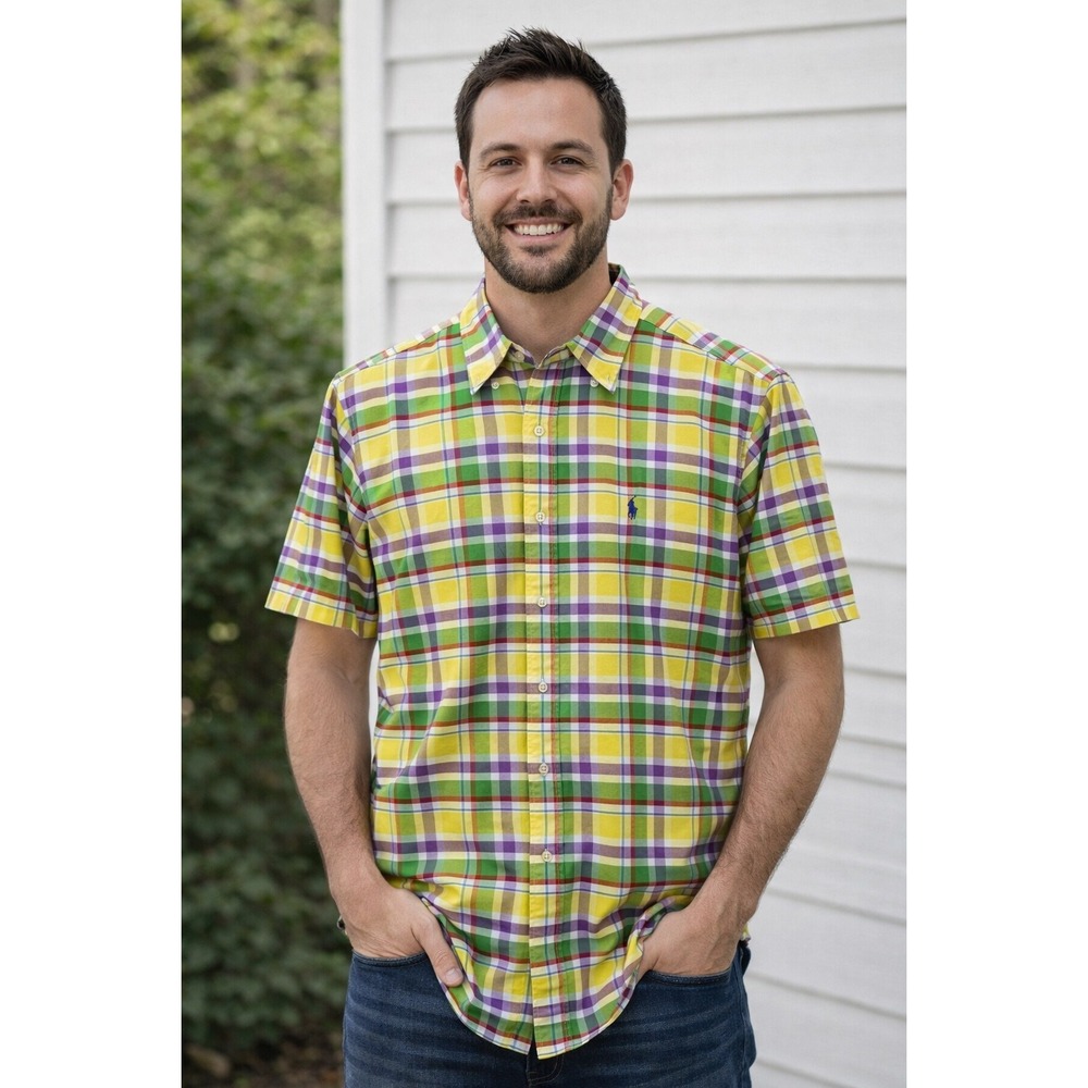 Ralph Lauren Button Down Shirt Mens L Yellow Plaid Classic  Cotton Short Sleeve